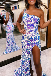 One Shoulder Sequin Appliques Long Prom Dresses with Slit